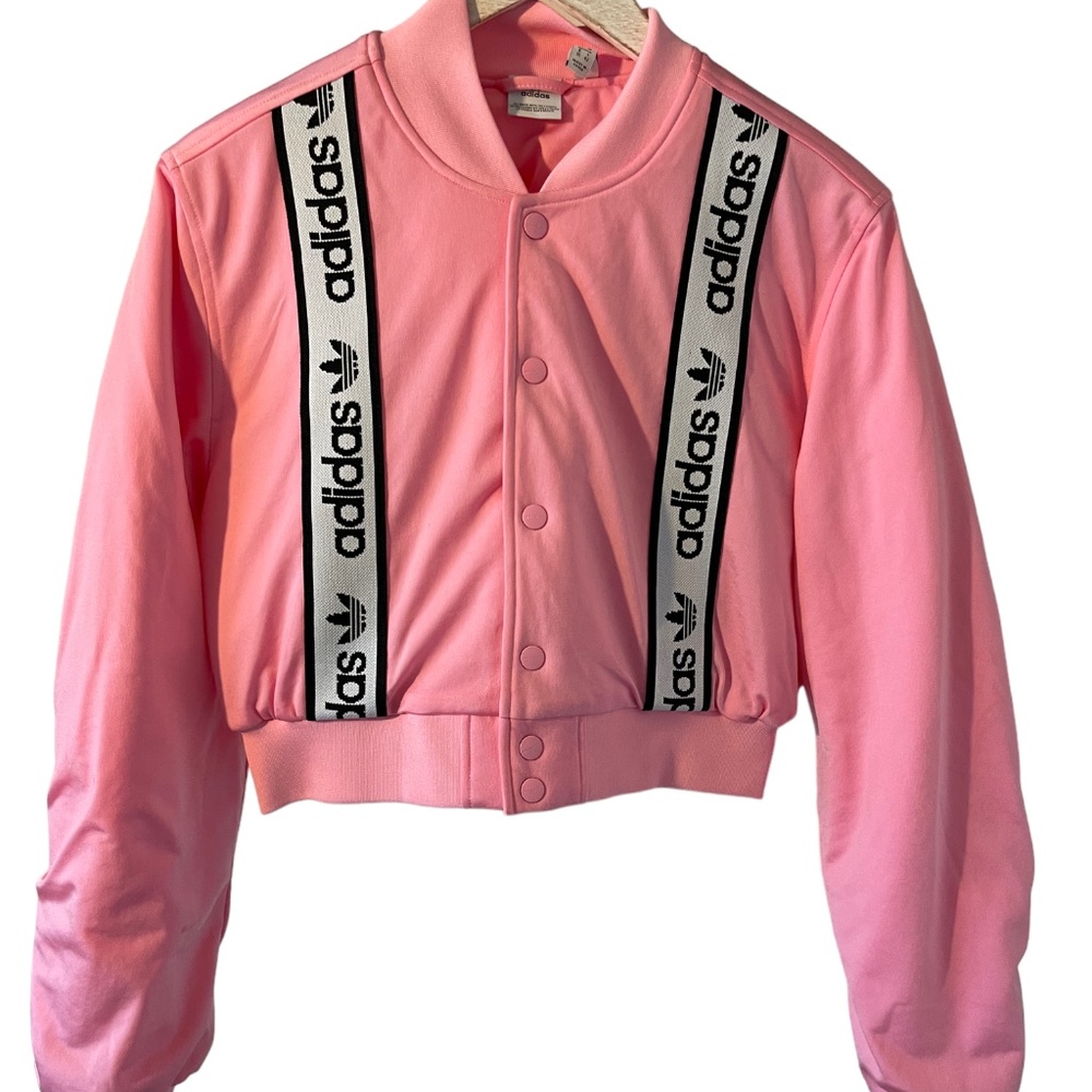 adidas Pink Cropped Bomber Jacket with Black & White Logo Straps